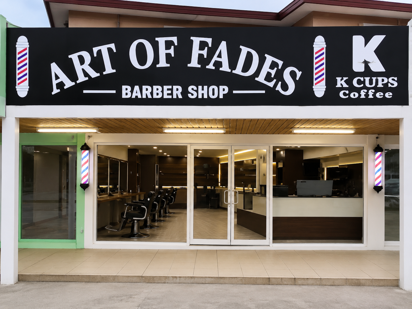 Art of Fades Barbershop storefront with K Cups Coffee signage